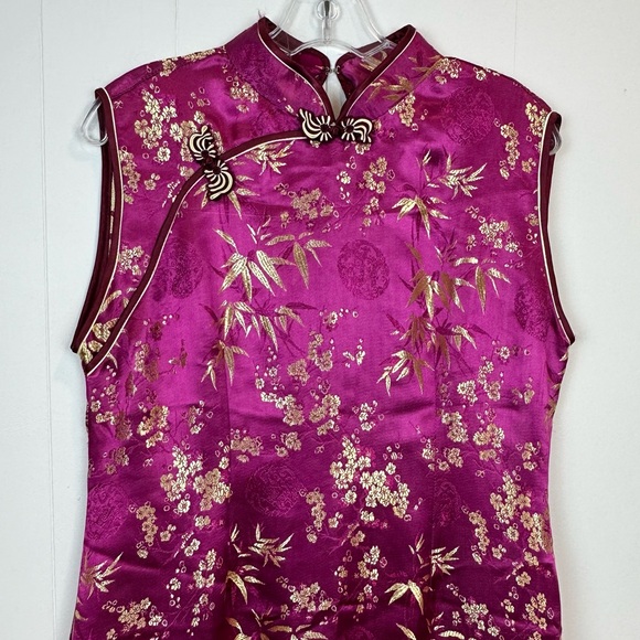 Vintage Fuchsia Gold Silk Cheongsam Dress XL - Picture 2 of 9